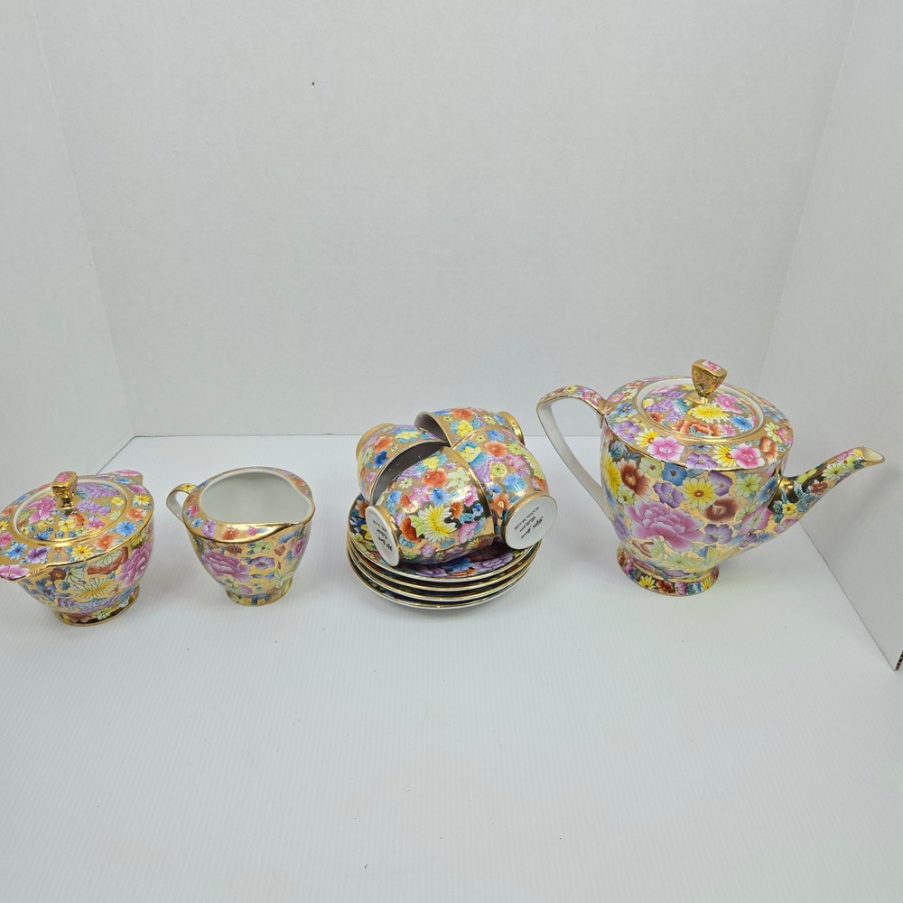 Fifth Avenue Collection Floral Chintz Tea Set‎ Gold Gilded Hand Made 11pc Set